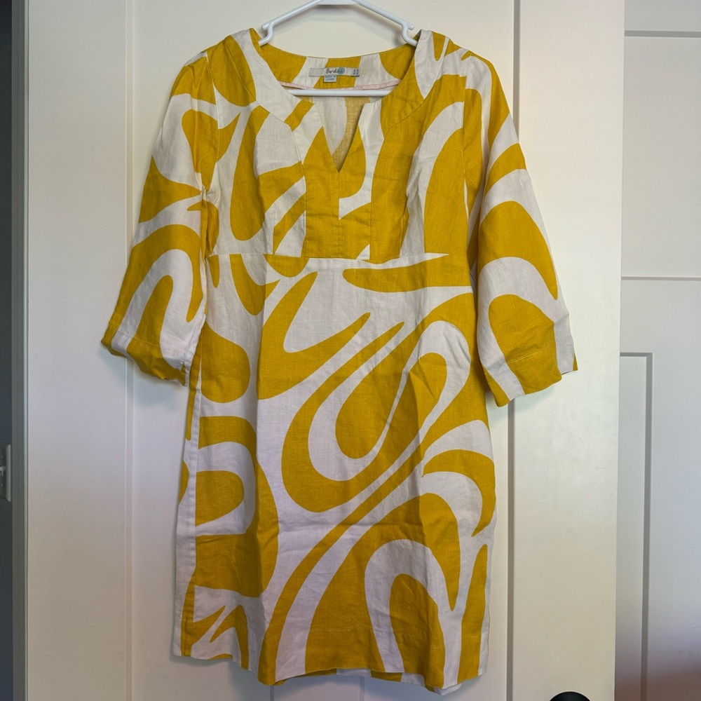 Boden Yellow & Cream Printed Linen A-Line Kaftan Dress US size 4R
